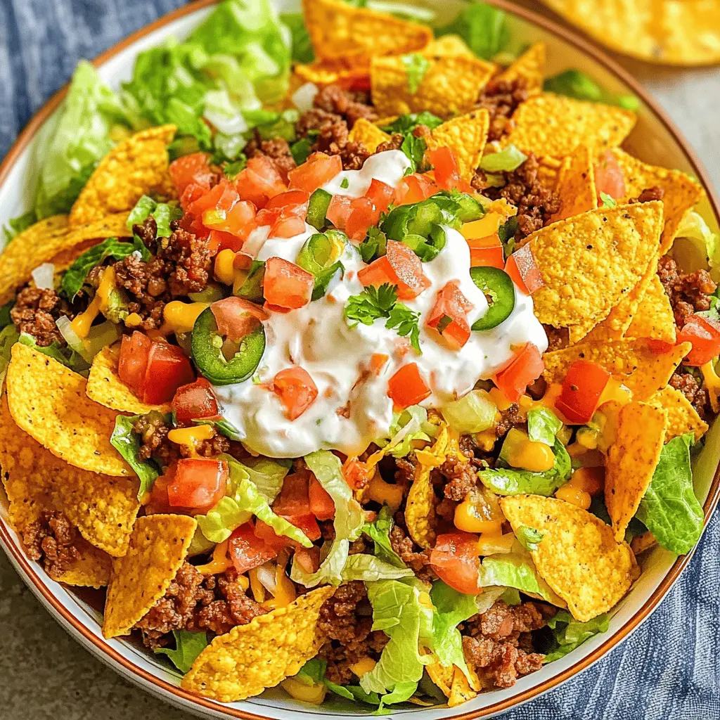 Craving a fun twist on a classic? This Doritos Taco Salad is a perfect blend of zesty flavors and crunchy textures! Packed with seasoned ground beef, fresh veggies, and topped with cheesy Doritos, it's a fiesta on your plate. Great for potlucks, parties, or a casual family dinner. Save this recipe for your next gathering and enjoy a crowd-pleaser!
