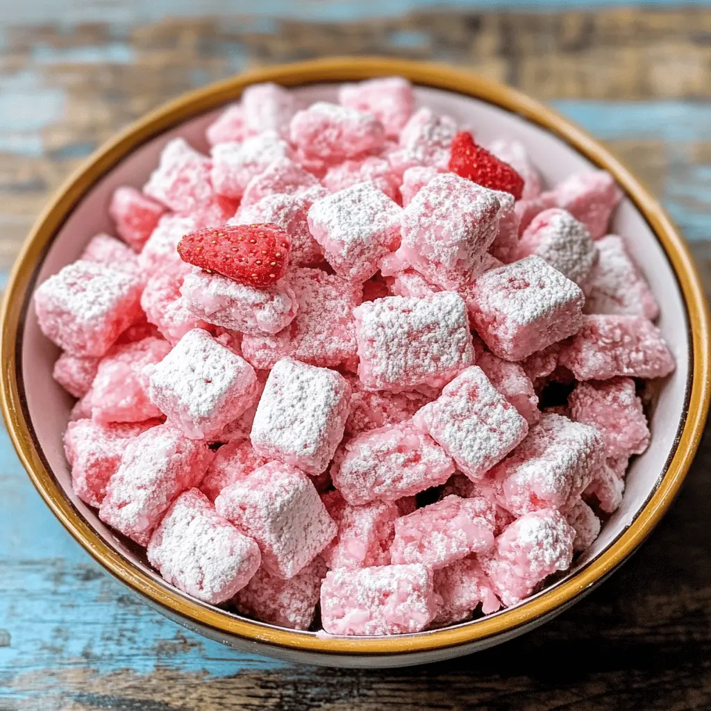 Treat yourself to a delightful fluffy strawberry shortcake puppy chow! This sweet mix combines crunchy Chex cereal with creamy strawberry flavors, making it the perfect snack for any gathering. Easy to make, it's great for birthday parties, picnics, or just a cozy night in. Save this fun and tasty recipe for your next sweet craving!