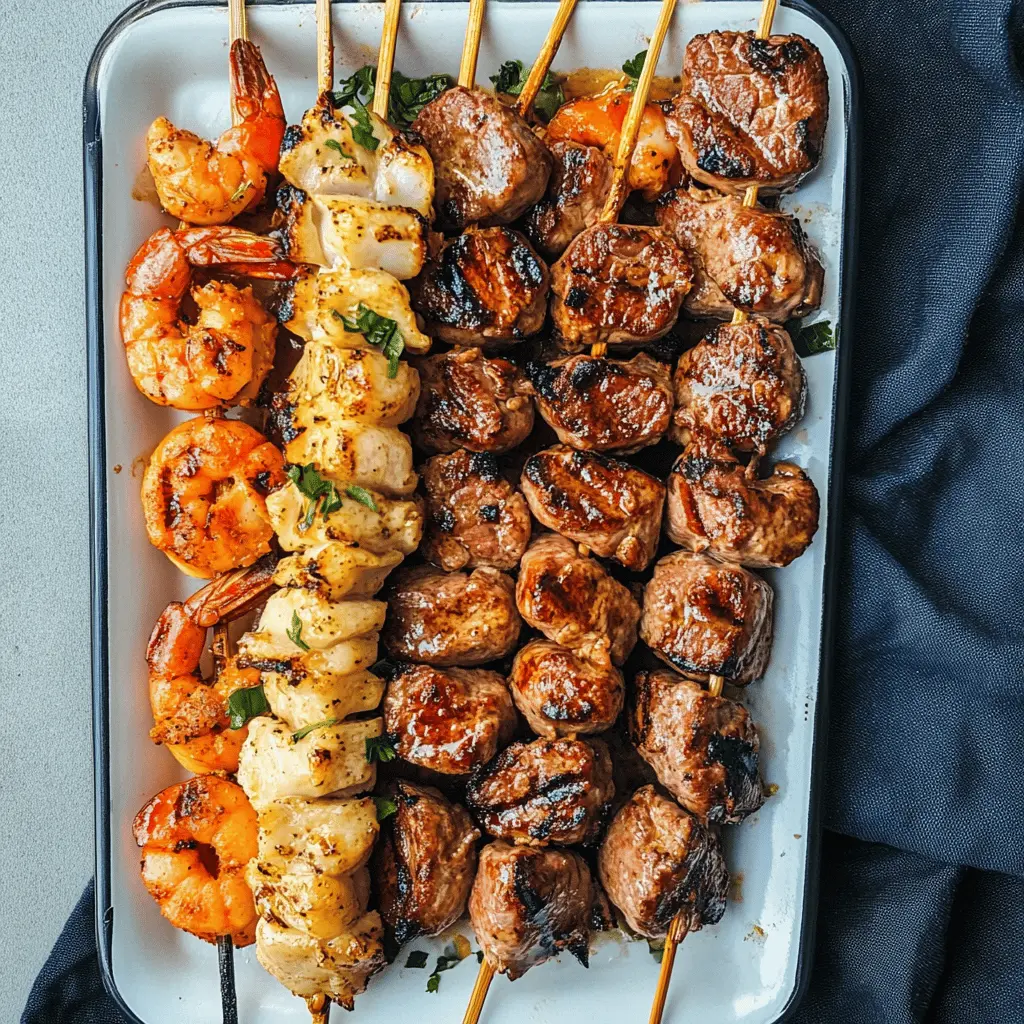 Get ready for a flavor-packed meal with these Grilled Surf and Turf Skewers! Perfectly tender beef and succulent shrimp are combined for a delightful cookout treat. These skewers are not only quick to make but also ideal for parties, barbecues, or a cozy family dinner. Save this recipe to impress your guests with an irresistible blend of land and sea!