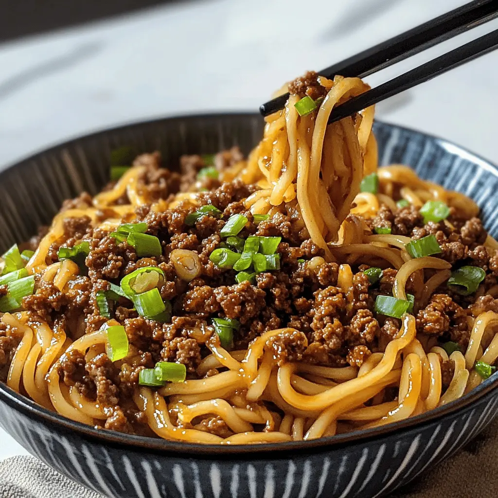 Satisfy your noodle cravings with these Mongolian Ground Beef Noodles! This dish features tender ground beef with a bold blend of soy sauce, garlic, and ginger, perfectly combined with chewy noodles for a delightful meal. It's quick to make and great for busy weeknights. Save this easy recipe to impress your family or friends at dinner!