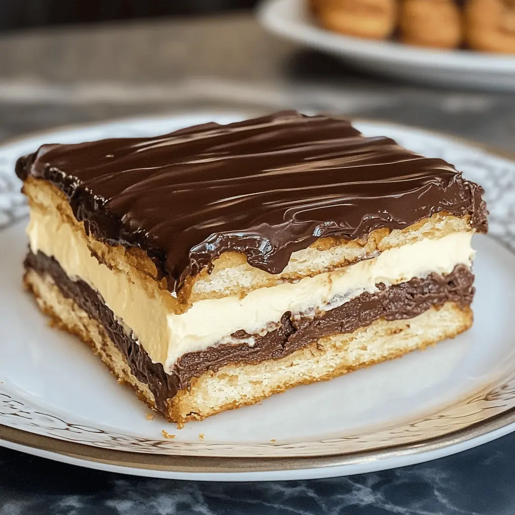 Treat yourself to a delightful No-Bake Chocolate Eclair Cake! This easy dessert features layers of creamy vanilla pudding and fluffy whipped cream, all nestled between buttery graham crackers. With a rich chocolate ganache on top, it's perfect for any gathering. Save this recipe for a fuss-free sweet treat that's sure to impress everyone at your next celebration!