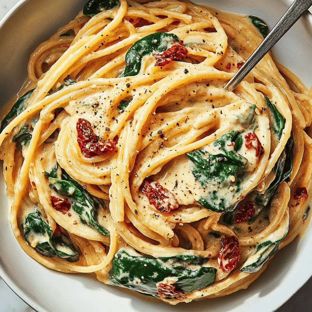 Craving a deliciously creamy pasta dish? This Spaghetti and Spinach with Sun-dried Tomato Cream Sauce is a game-changer! Made with fresh spinach and rich sun-dried tomatoes, it's the perfect blend of flavors and textures. Ideal for a quick weeknight dinner or a cozy weekend meal. Save this recipe for a delightful twist on your pasta nights!