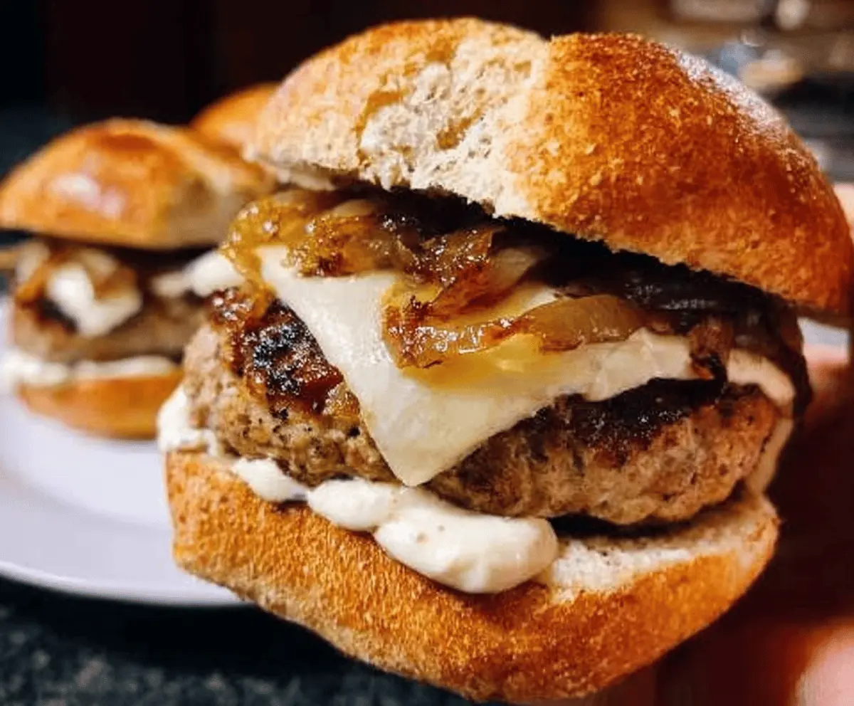 Easy Turkey Burgers With Sweet Caramelized Onions And Garlic Aioli