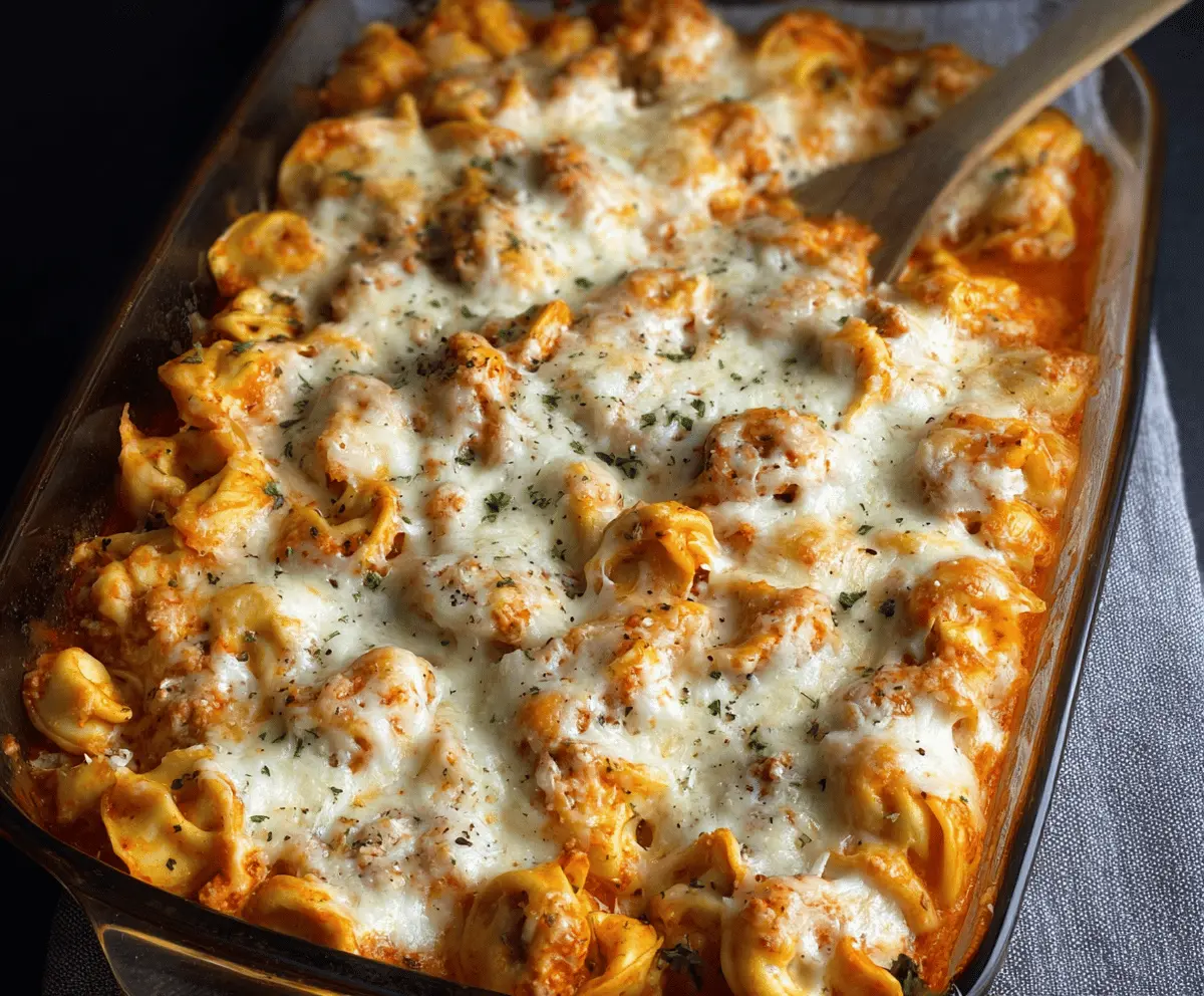 Delicious Alfredo Tortellini Bake topped with melted cheese and fresh herbs in a baking dish, perfect for a comforting Italian-inspired meal.