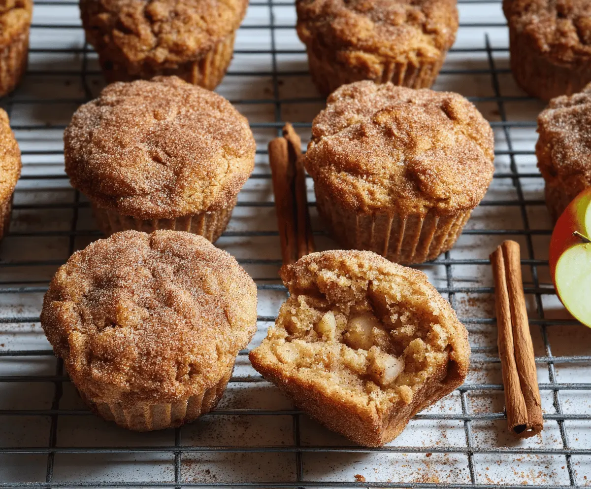 Freshly baked apple cinnamon muffins with golden tops and cinnamon swirl, perfect for breakfast or snack time.