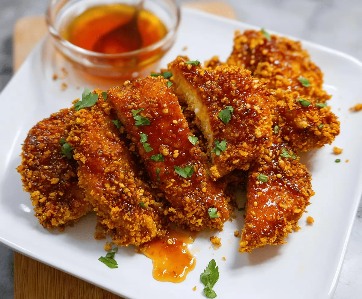 Golden baked crunchy hot honey chicken served on a plate, featuring crispy coating and drizzled with spicy honey glaze for a flavorful appetizer or main dish.