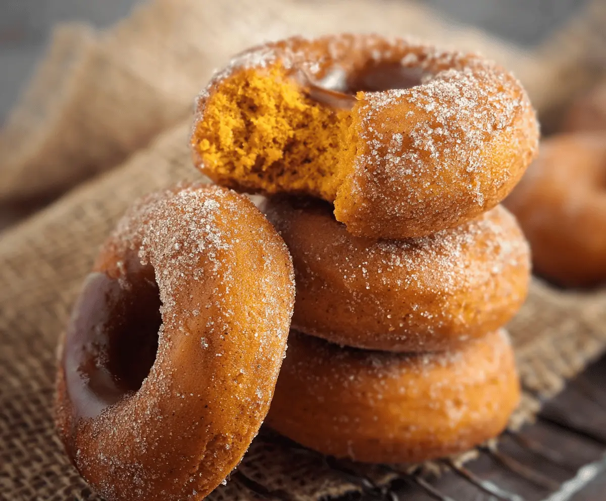 Delicious baked pumpkin cake donuts with a golden-brown exterior, topped with a light glaze and cinnamon spice, perfect for fall treats.