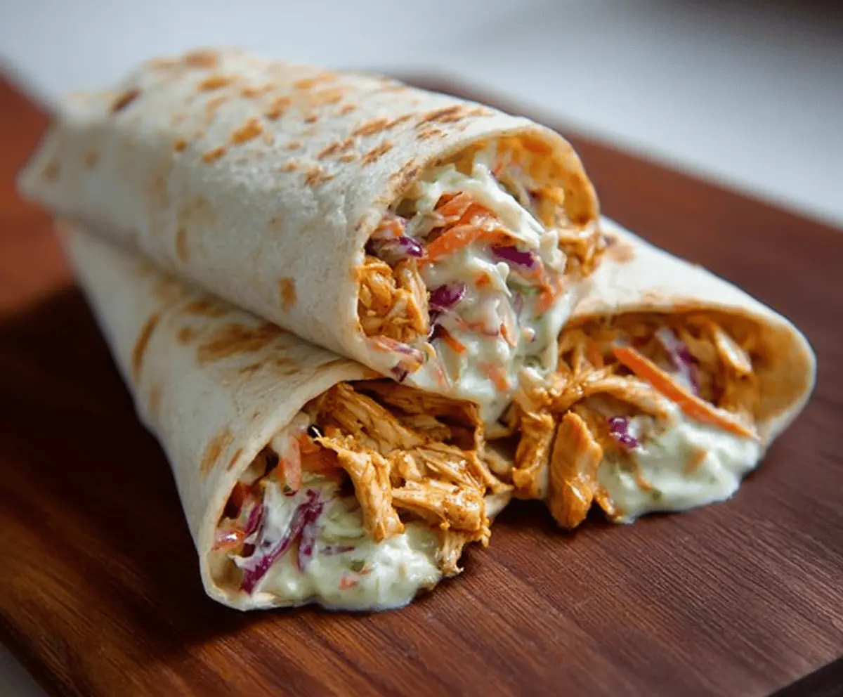 Delicious BBQ Chicken Coleslaw Wraps with grilled chicken, fresh coleslaw, and smoky barbecue sauce in a soft tortilla, perfect for a flavorful meal.