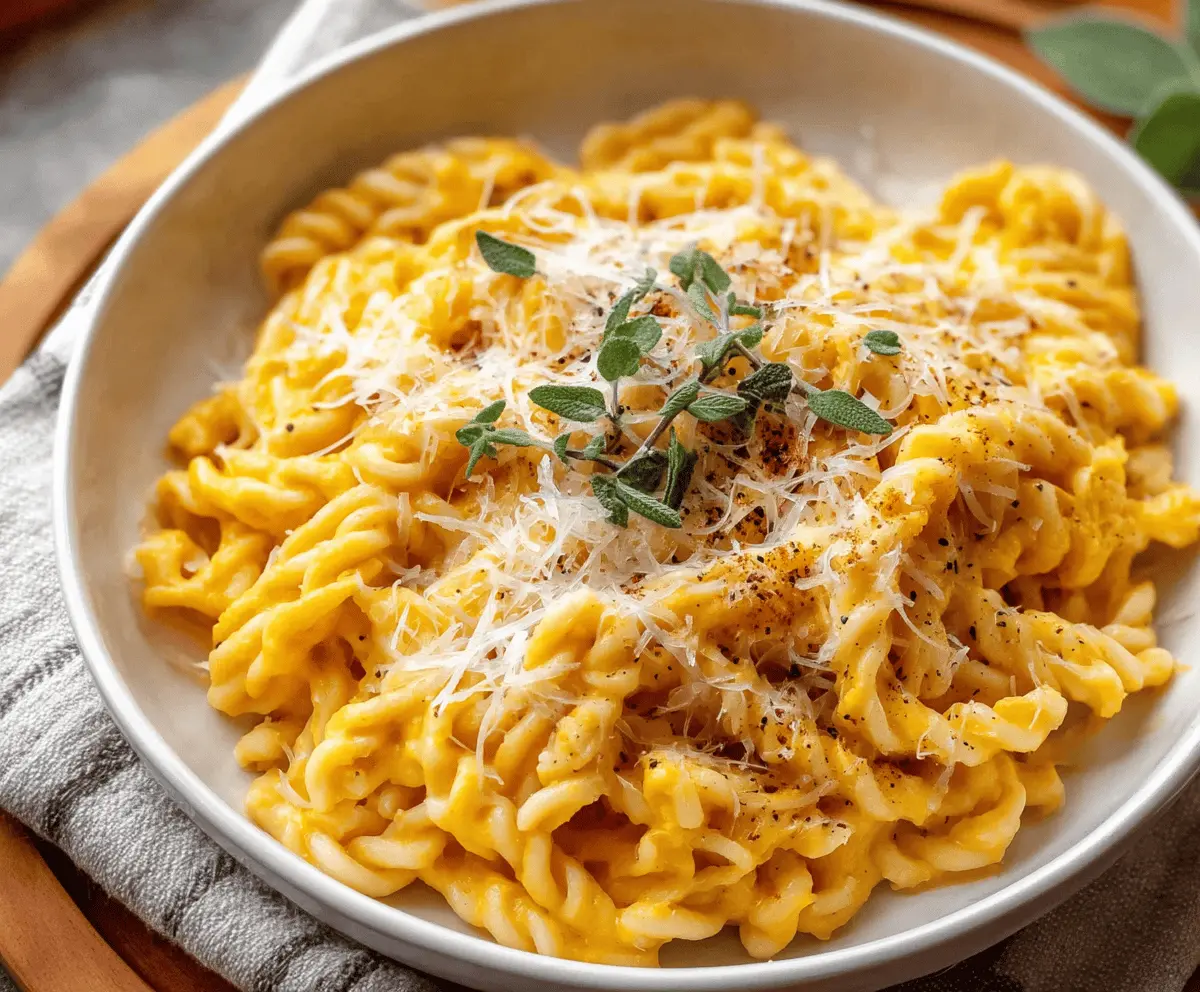 Creamy butternut squash pasta sauce in a bowl, garnished with herbs and spices for a flavorful vegetarian meal.