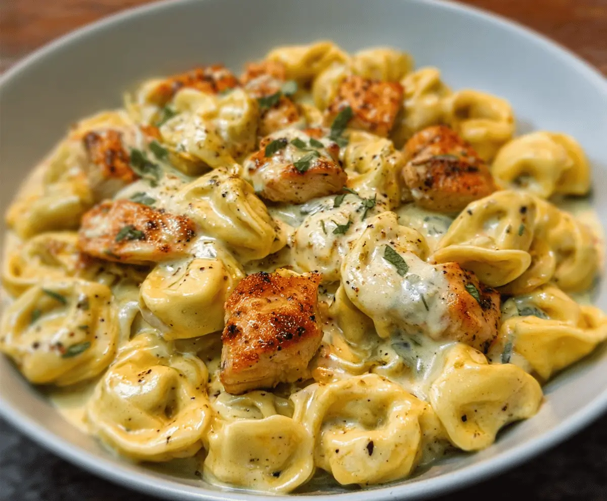 Creamy Cajun Garlic Chicken Tortellini with Three-Cheese Sauce on a plate, garnished with fresh herbs