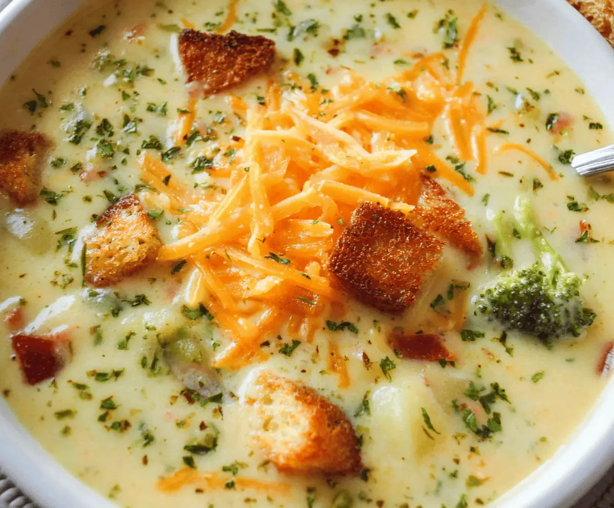 Creamy cheddar garlic herb potato soup in a bowl with melted cheese, fresh herbs, and chopped potatoes for a hearty, flavorful meal.