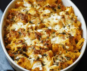 Creamy Cheesy Pumpkin Ricotta Pasta Bake topped with melted cheese and fresh herbs, served in a baking dish for a comforting fall-inspired meal.