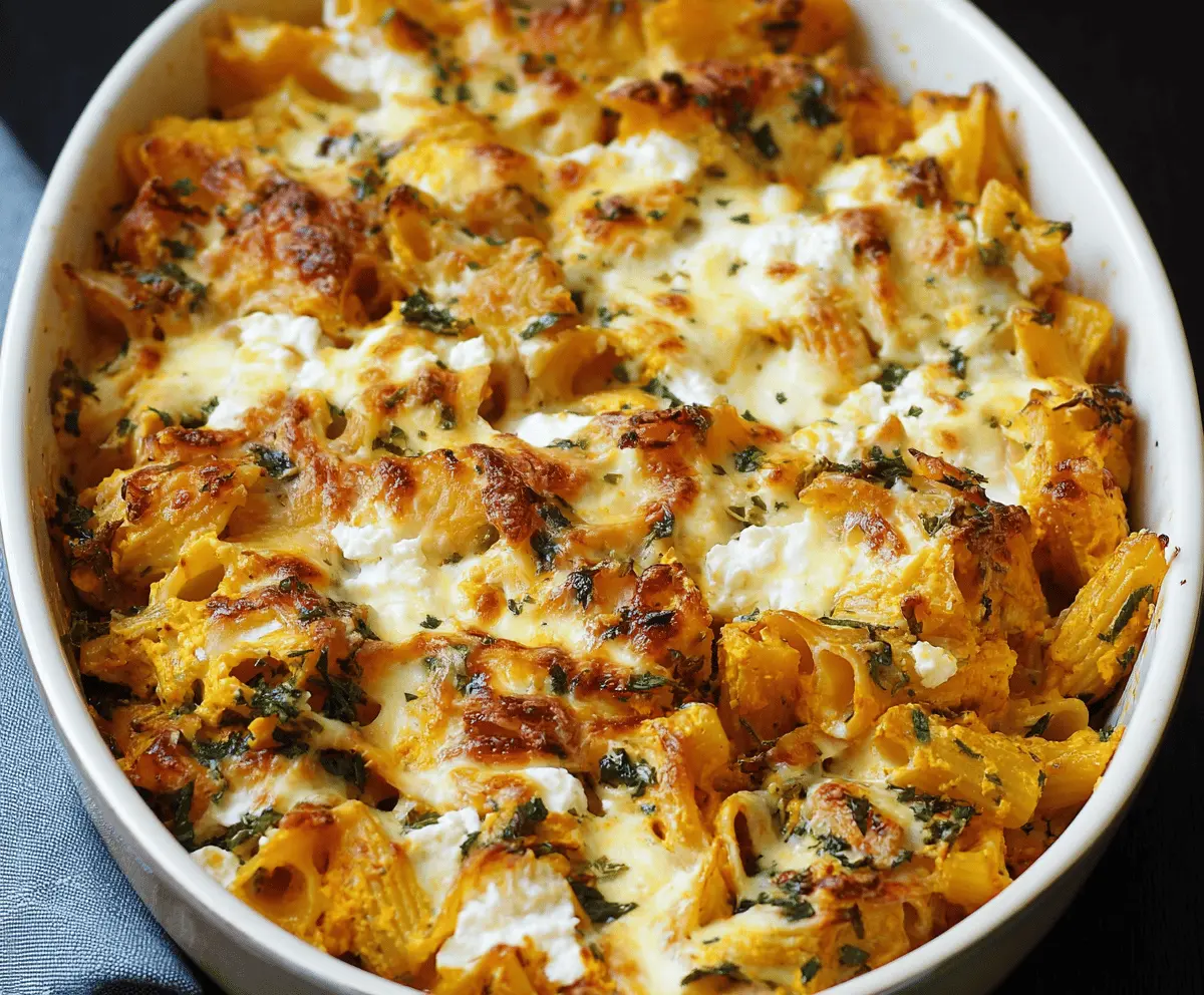 Creamy Cheesy Pumpkin Ricotta Pasta Bake topped with melted cheese and fresh herbs, served in a baking dish for a comforting fall-inspired meal.