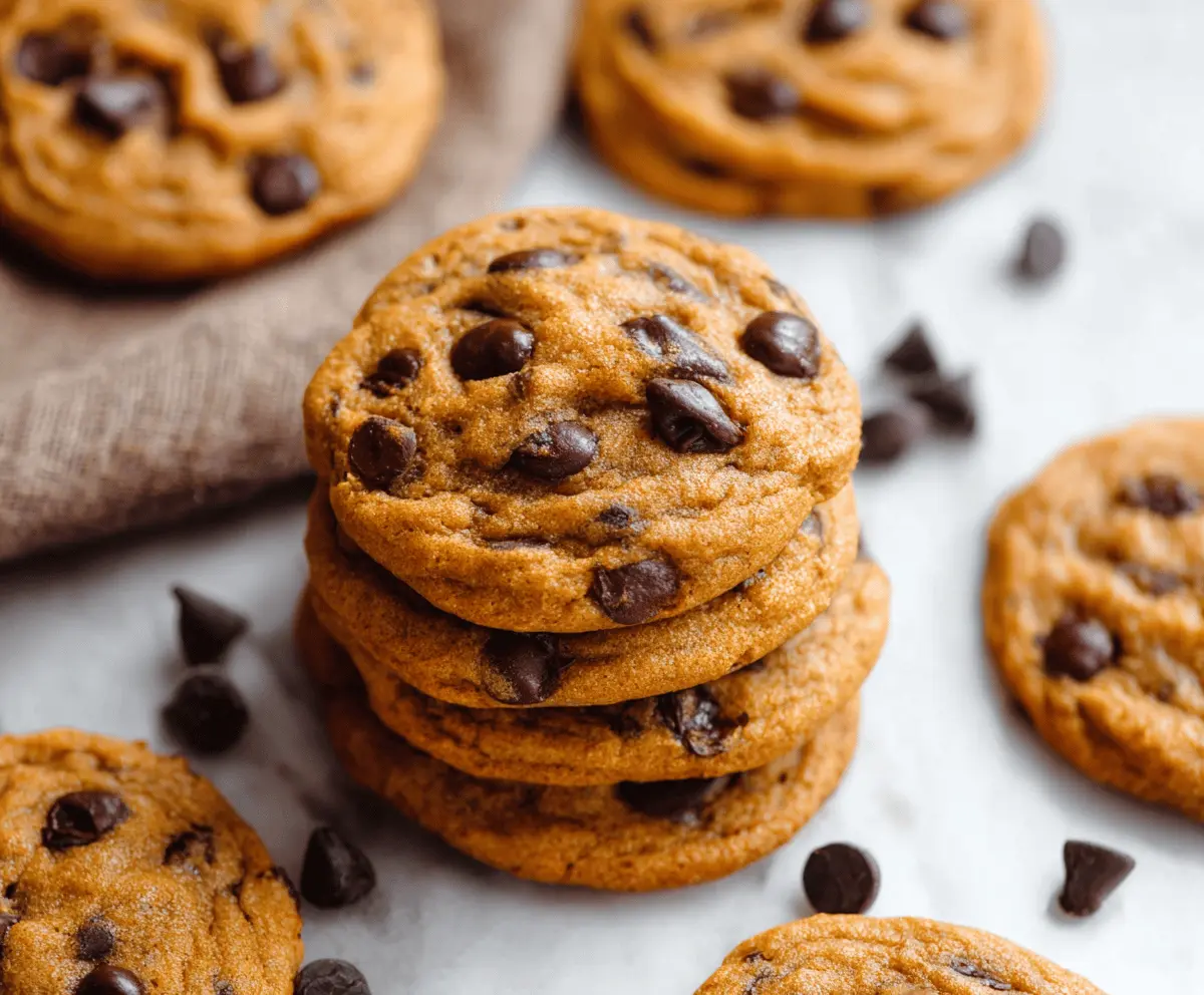 Delicious homemade chewy pumpkin chocolate chip cookies with golden-brown edges and melty chocolate chips on a rustic baking sheet.