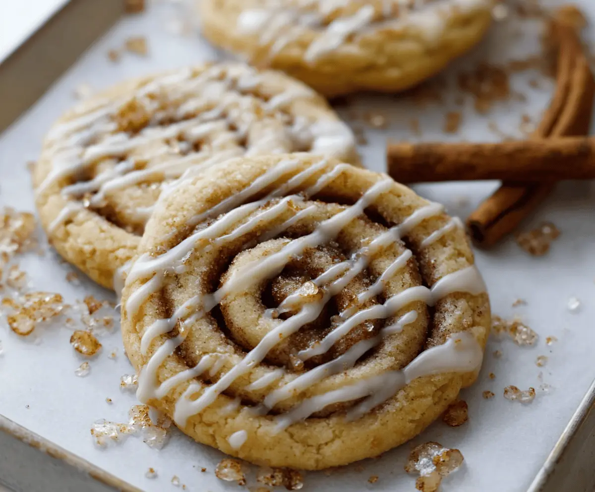 Delicious cinnamon roll sugar cookies topped with cinnamon sugar and icing drizzle, perfect for baking and dessert treats