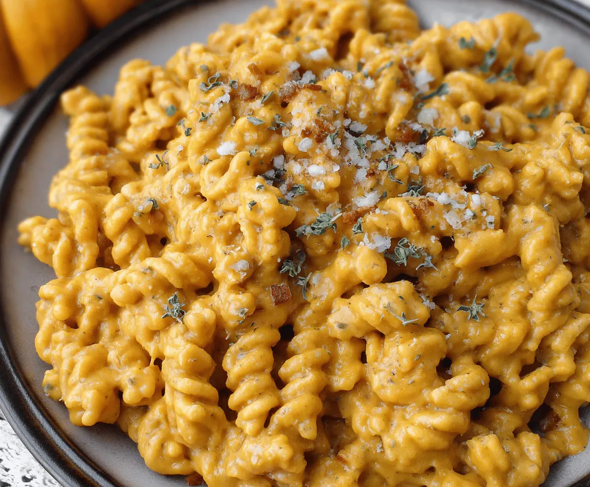 Creamy pumpkin pasta garnished with fresh herbs and grated cheese, served in a white bowl on a rustic wooden table