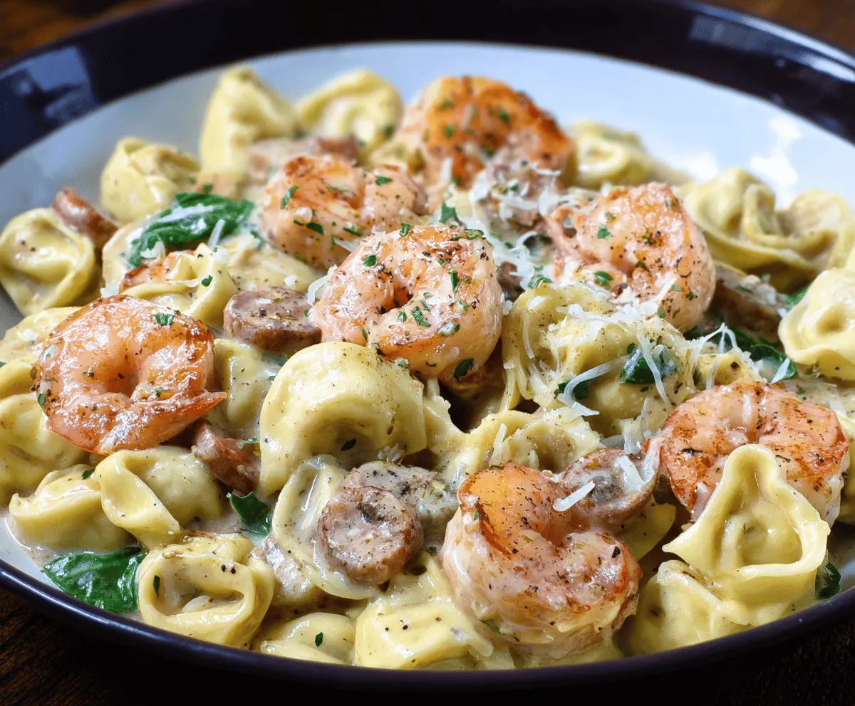 Creamy shrimp and cheese tortellini alfredo dish with fresh herbs and Parmesan cheese on a white plate