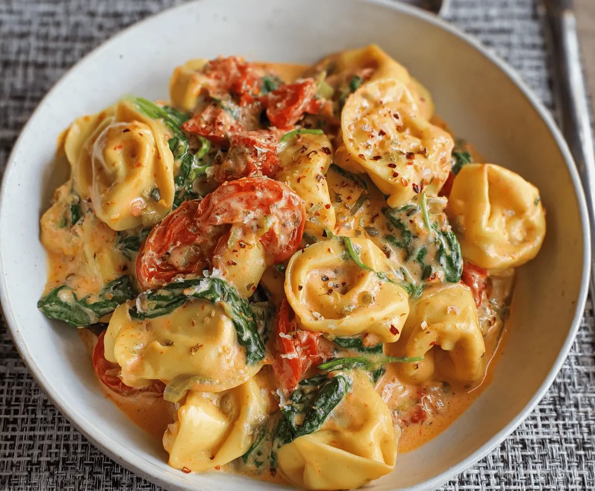 Creamy spinach and tomato tortellini served in a bowl, featuring vibrant green spinach, juicy tomatoes, and cheesy tortellini in a rich, creamy sauce