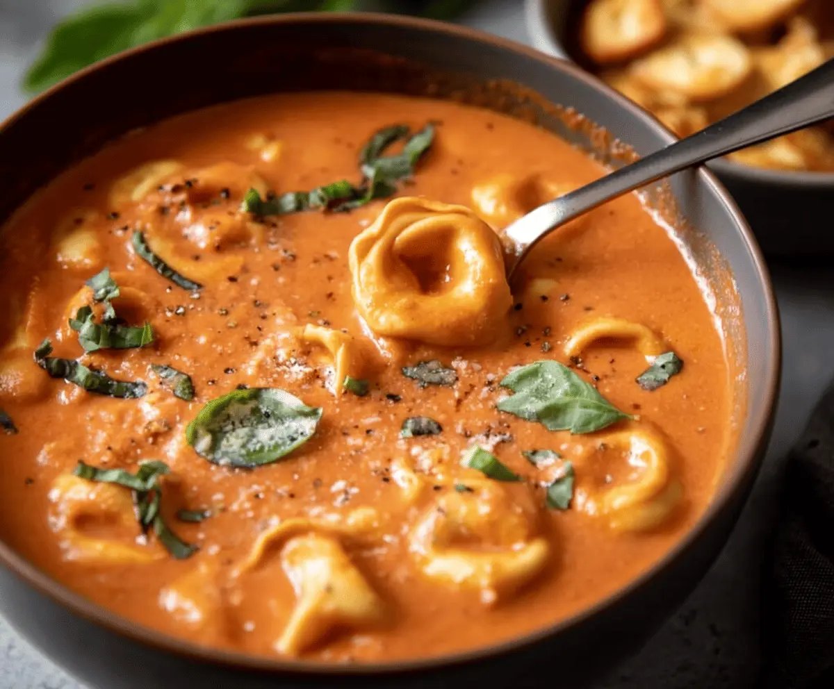 Creamy Tomato Basil Tortellini Soup in a bowl garnished with fresh basil leaves, showcasing a rich, comforting, and flavorful Italian-inspired pasta soup.