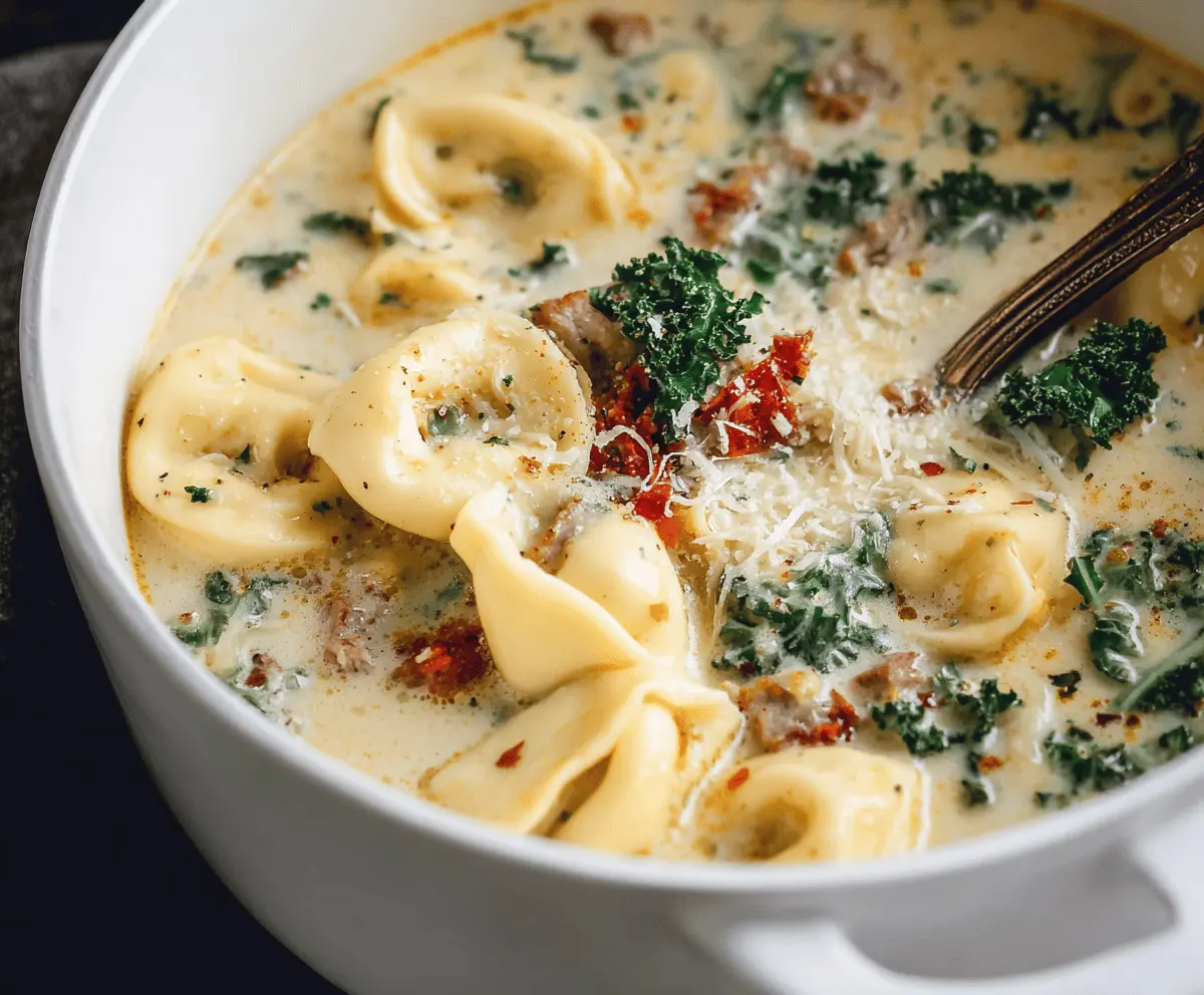 Creamy tortellini soup in a bowl garnished with fresh herbs and grated cheese, featuring a rich, velvety broth with tortellini pasta and vegetables