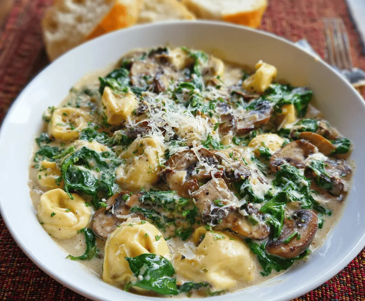 Creamy tortellini pasta with fresh spinach and sautéed mushrooms in a rich, flavorful sauce—perfect comfort food recipe.
