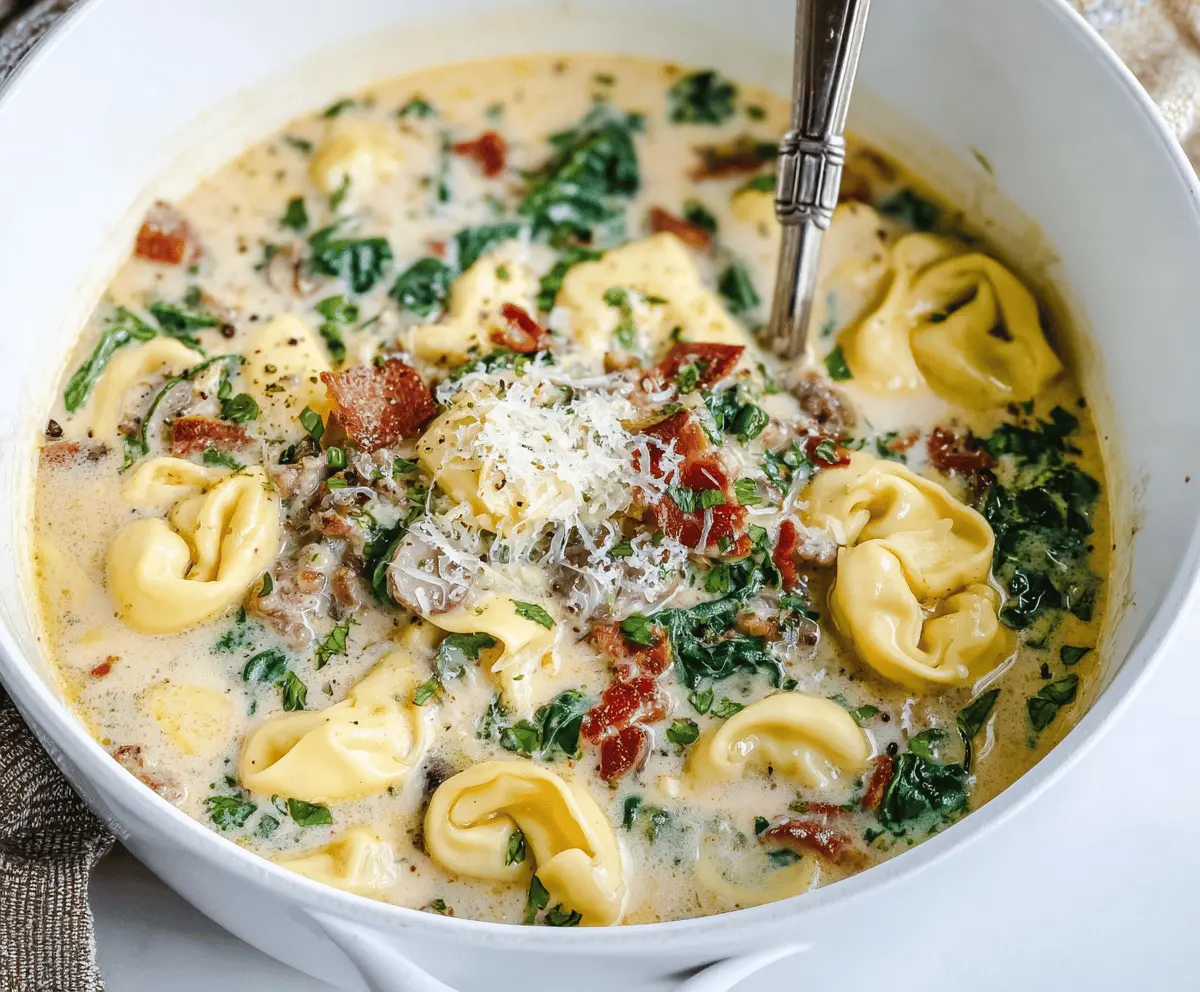 Creamy Tuscan garlic tortellini soup with fresh spinach, sun-dried tomatoes, and grated Parmesan cheese in a bowl