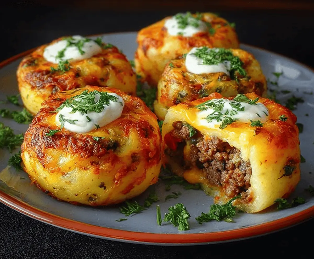 Delicious crispy mashed potatoes stuffed with melted cheese and seasoned beef, served as a flavorful and hearty dish.