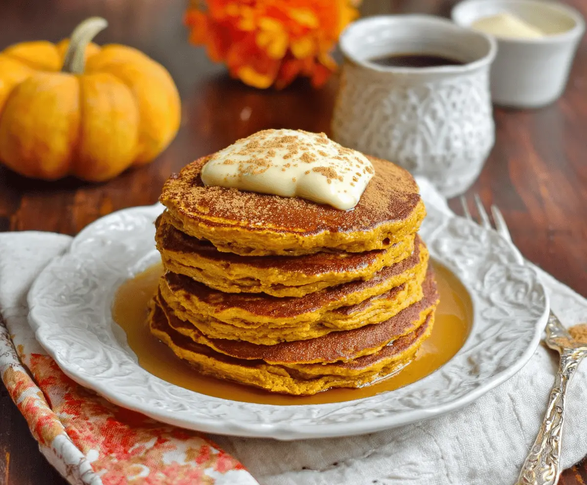 Delicious homemade pumpkin pancakes topped with whipped cream and cinnamon, inspired by Gilmore Girls recipe for cozy fall breakfast