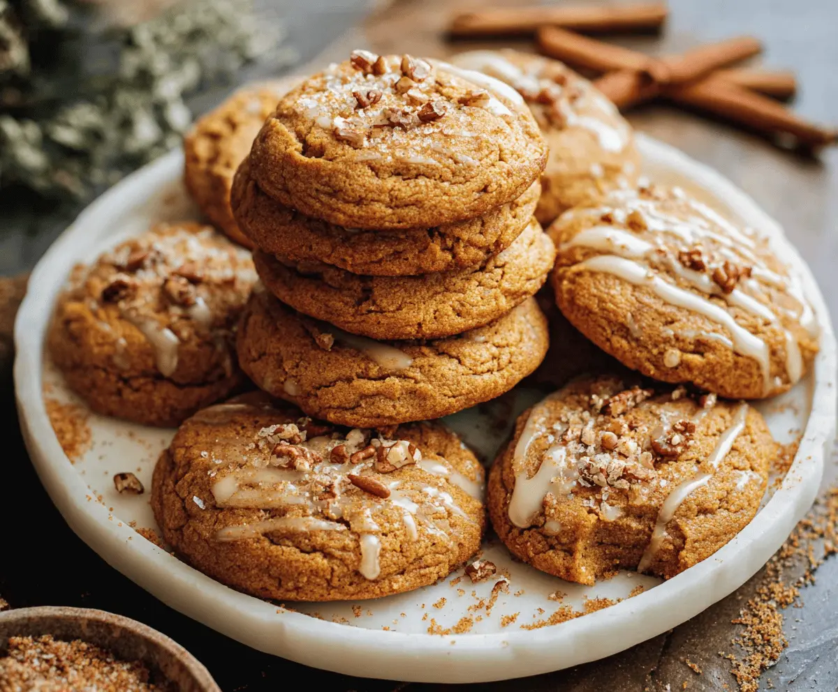 Delicious homemade maple pumpkin cookies with cinnamon and nuts on a rustic plate, perfect for fall treats