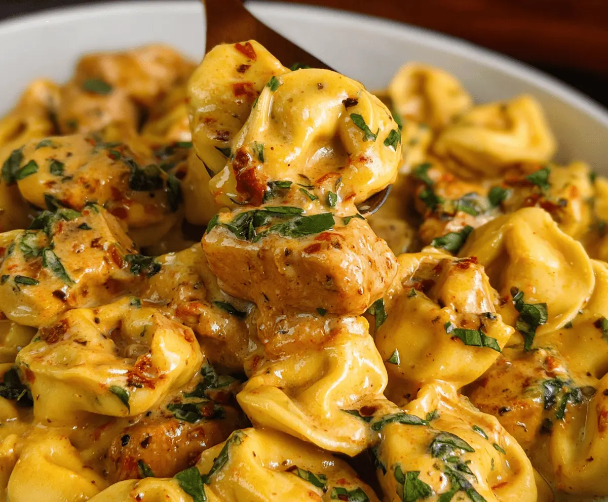Creamy Marry Me Chicken Tortellini served with fresh herbs and vegetables on a white plate, perfect for a romantic dinner