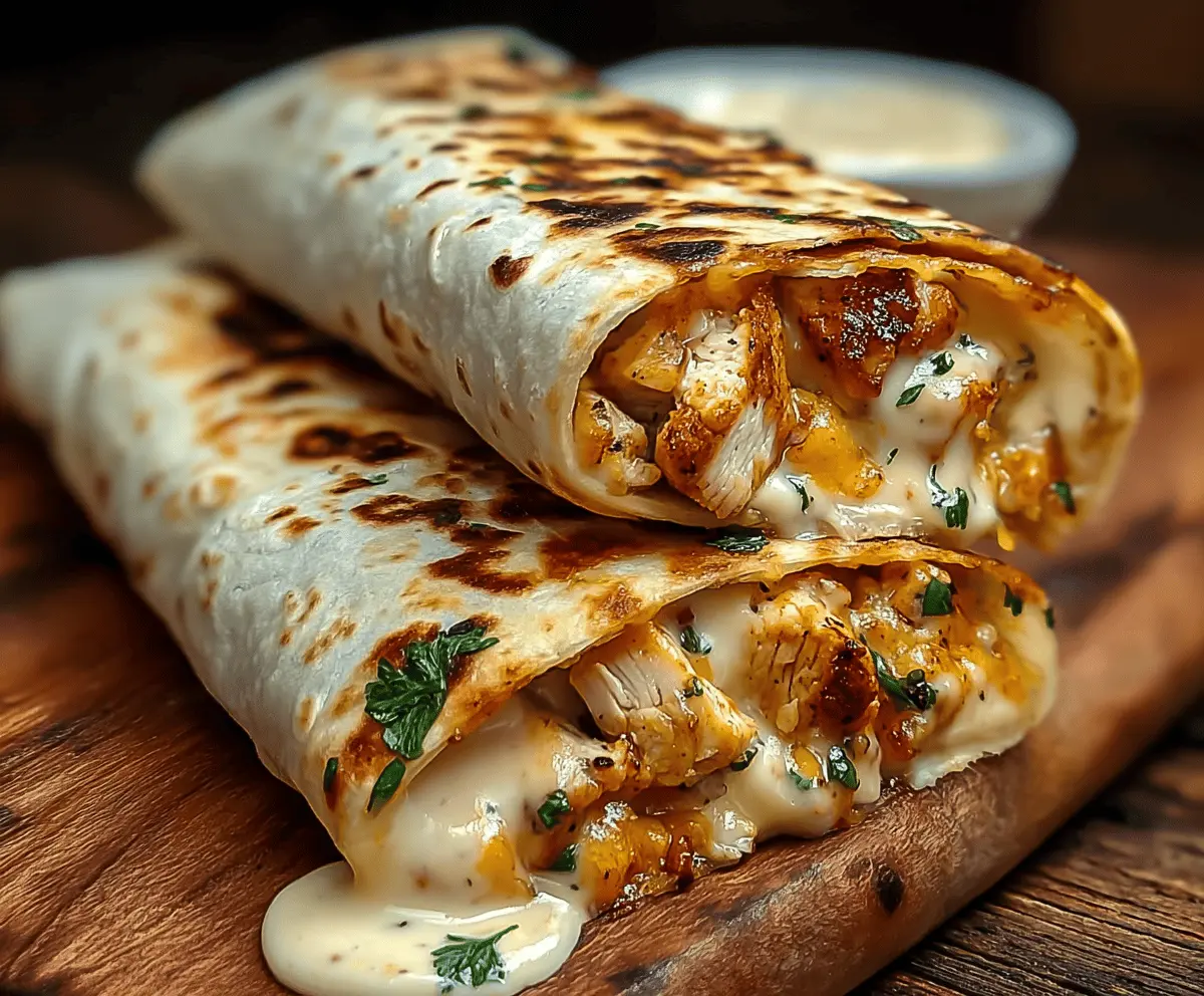 Delicious Ooey-Gooey Cheesy Garlic Chicken Wraps filled with melted cheese, seasoned chicken, and crispy garlic flavors, served hot and ready to enjoy.
