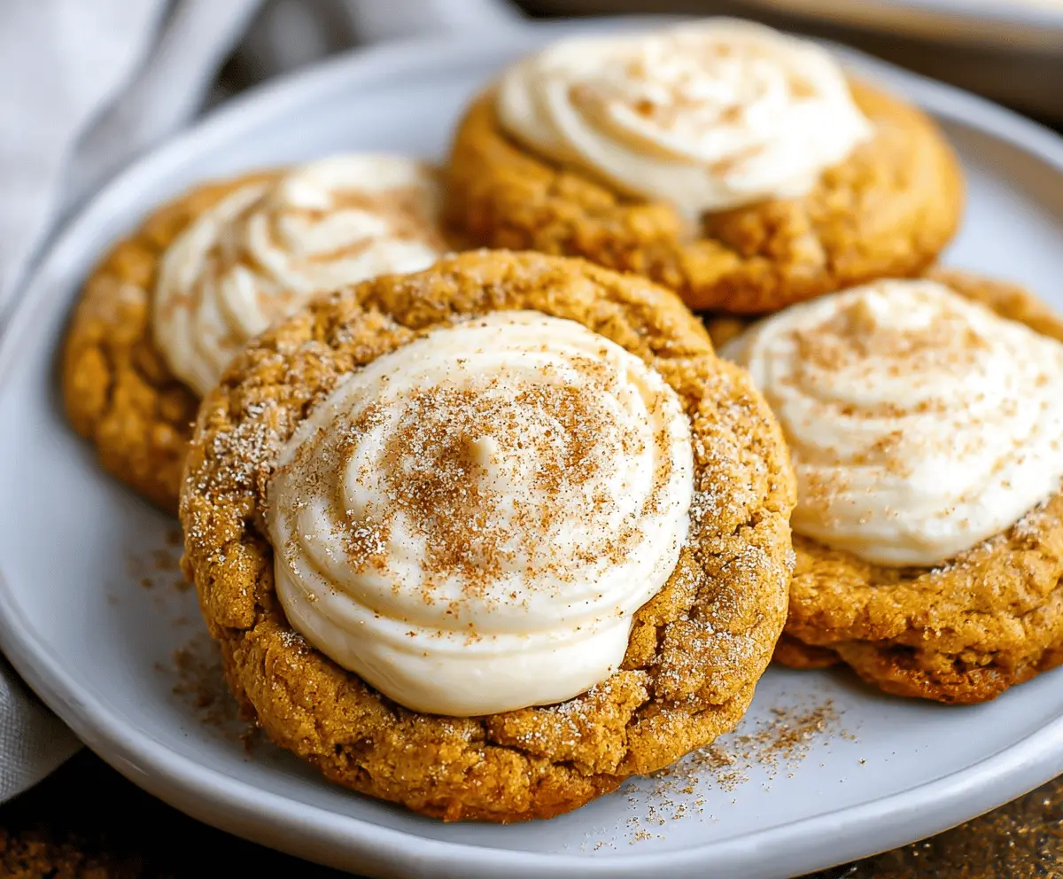 Delicious homemade pumpkin cheesecake cookies with creamy filling and spiced pumpkin flavor on a white plate