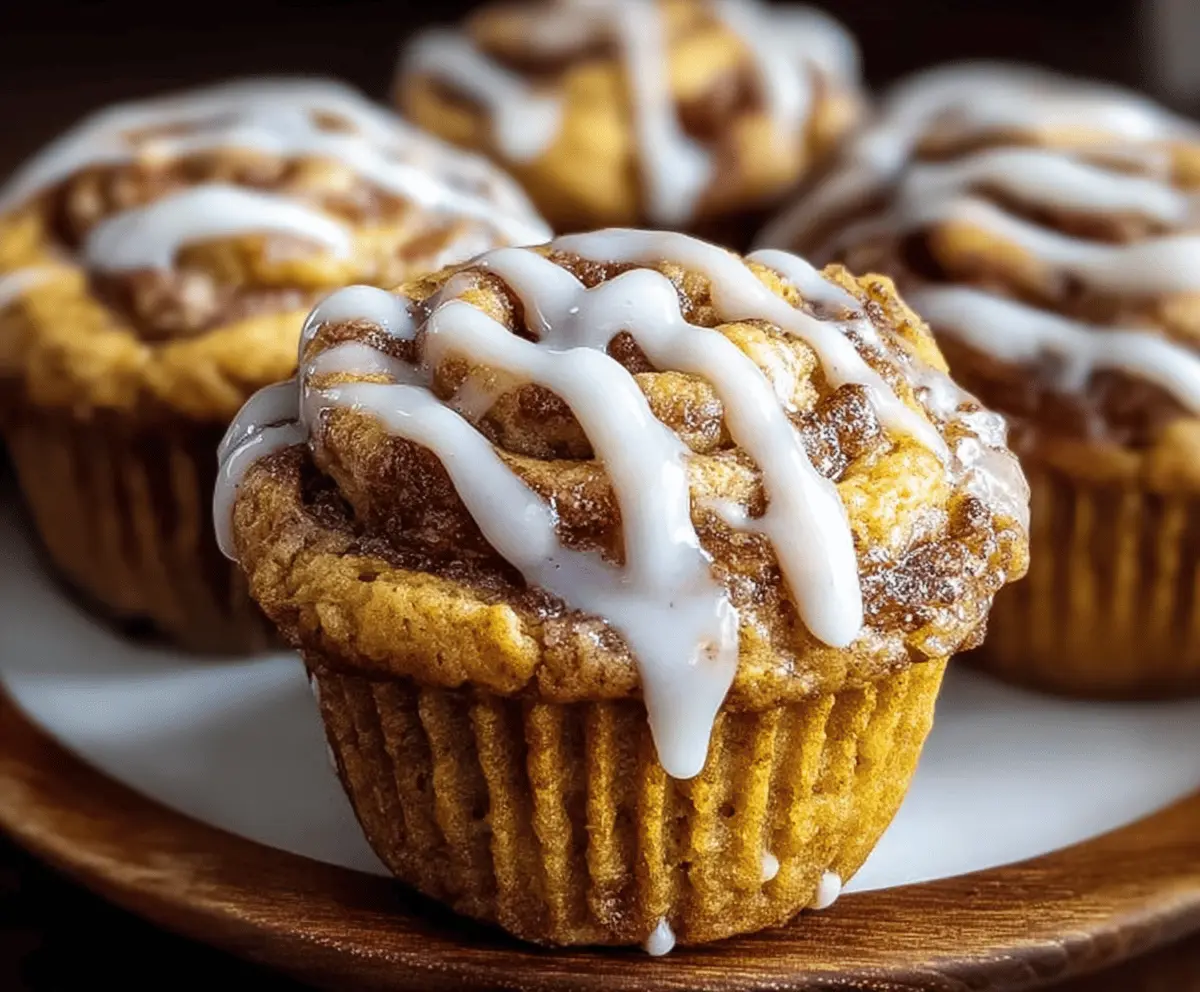 Delicious Pumpkin Cinnamon Roll Muffins with swirls of cinnamon and creamy frosting on top, perfect for fall breakfast or snack.