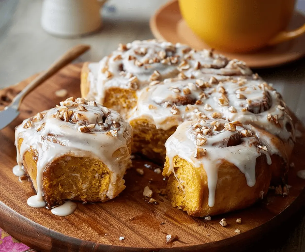 Delicious pumpkin cinnamon rolls topped with coffee maple frosting on a rustic plate, perfect for fall breakfast or holiday treats.