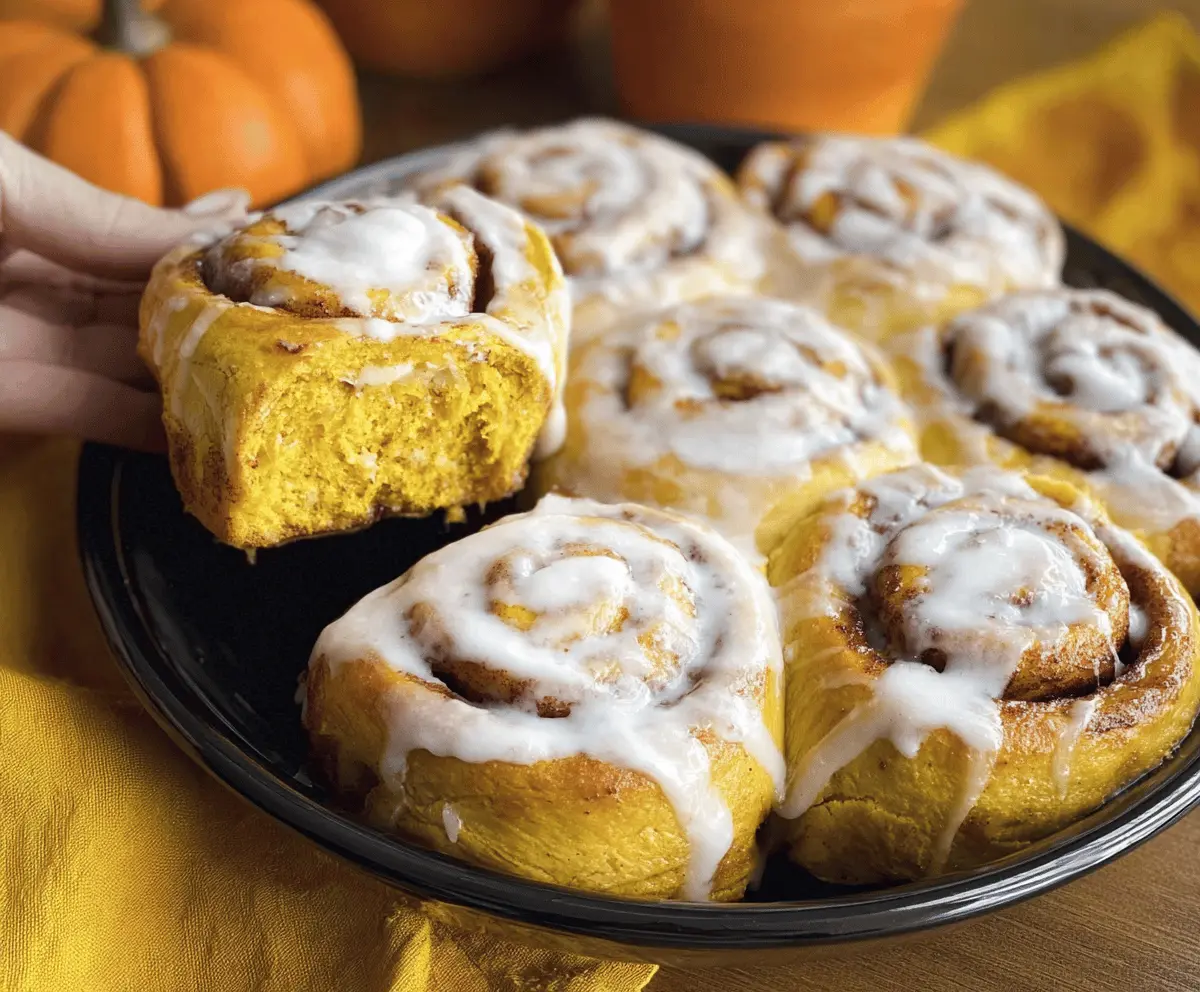 Delicious homemade pumpkin cinnamon rolls topped with cream cheese frosting, perfect for fall breakfast or dessert.