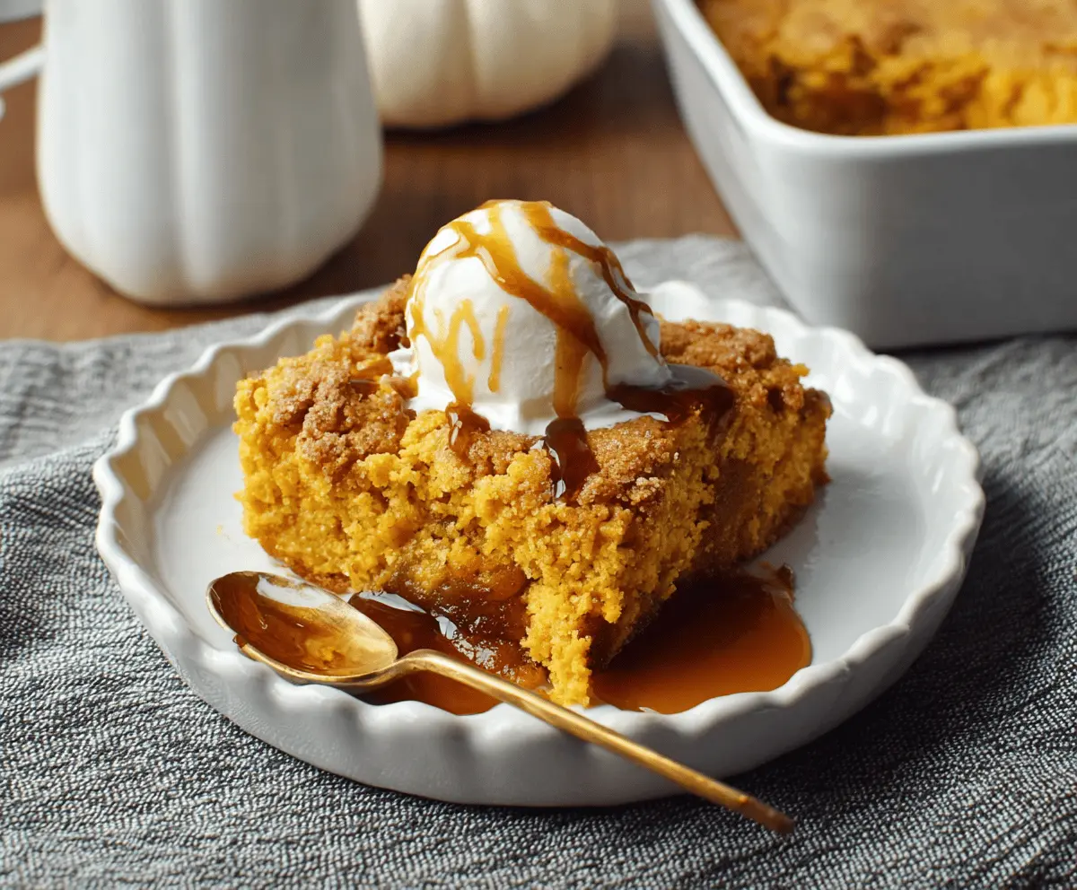 Delicious homemade pumpkin cobbler topped with golden-brown crust and whipped cream, perfect for fall dessert