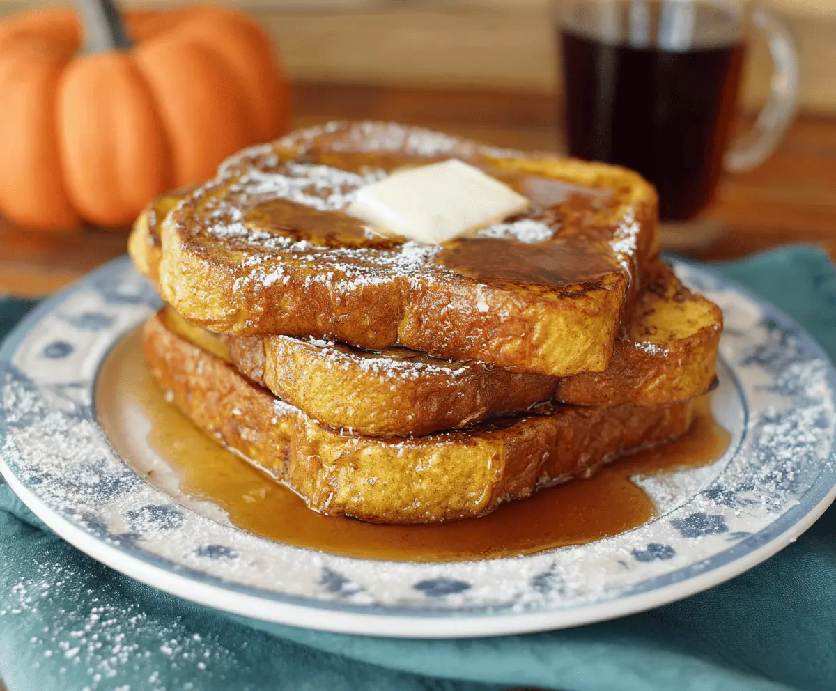 Delicious pumpkin French toast topped with whipped cream and cinnamon, served with maple syrup on a autumn-themed plate