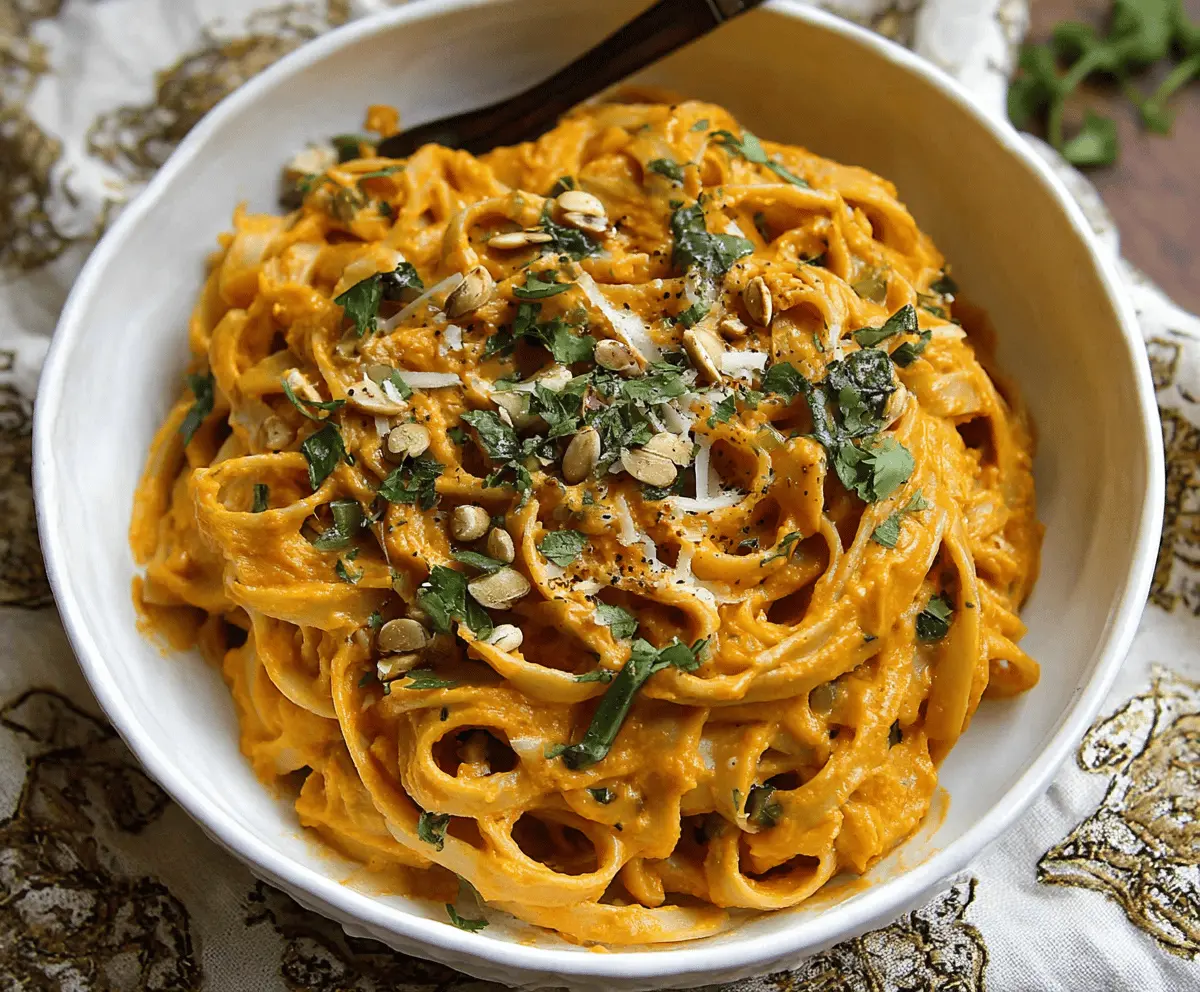 Creamy pumpkin pasta sauce served over cooked pasta with fresh herbs, perfect for a cozy fall meal.