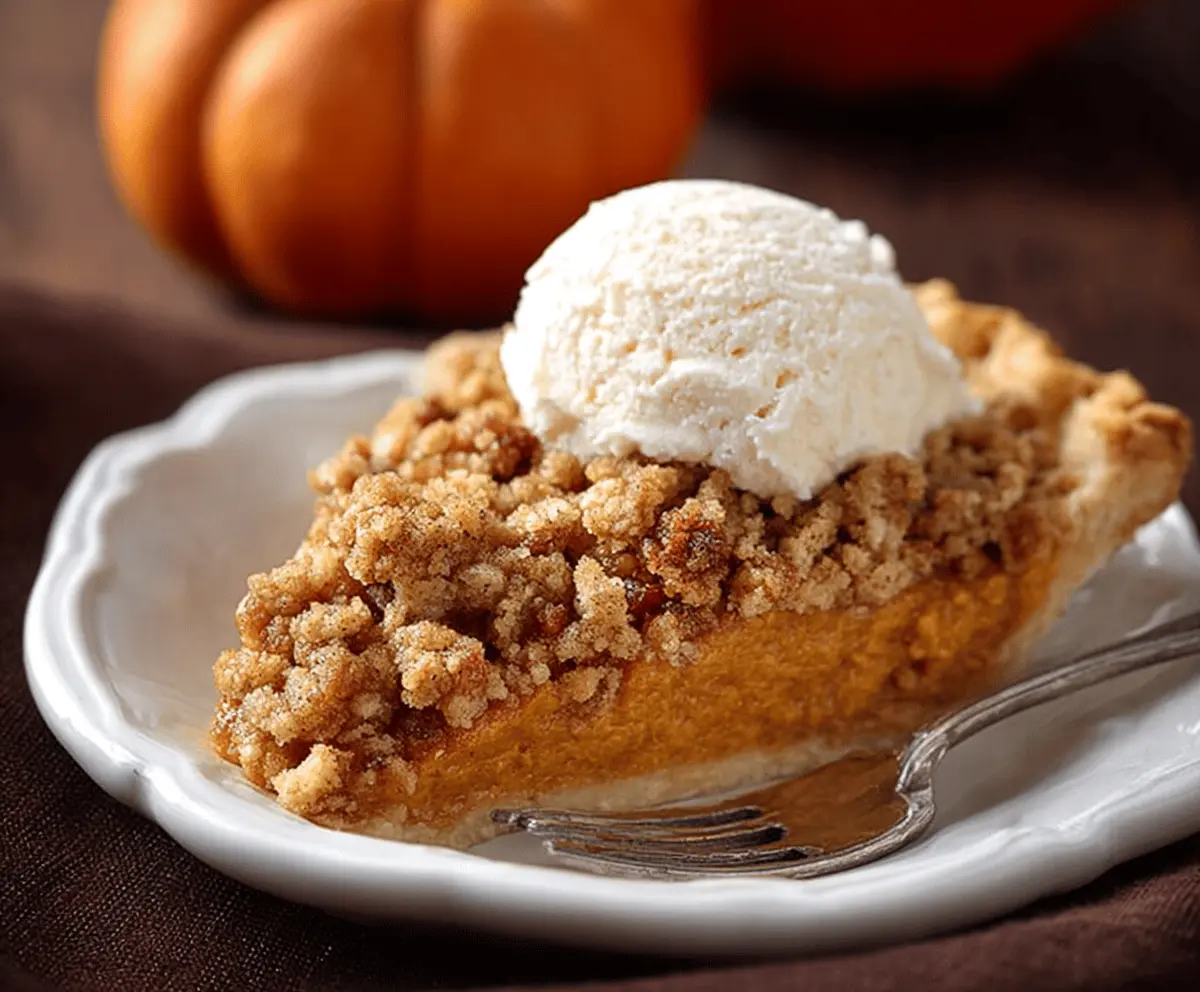 Delicious pumpkin pie crisp topped with cinnamon streusel and whipped cream on a festive autumn plate