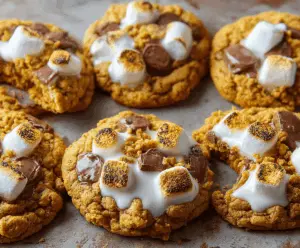 Delicious Pumpkin S'mores Cookies with gooey marshmallows, chocolate, and pumpkin spice topping on a rustic wooden table