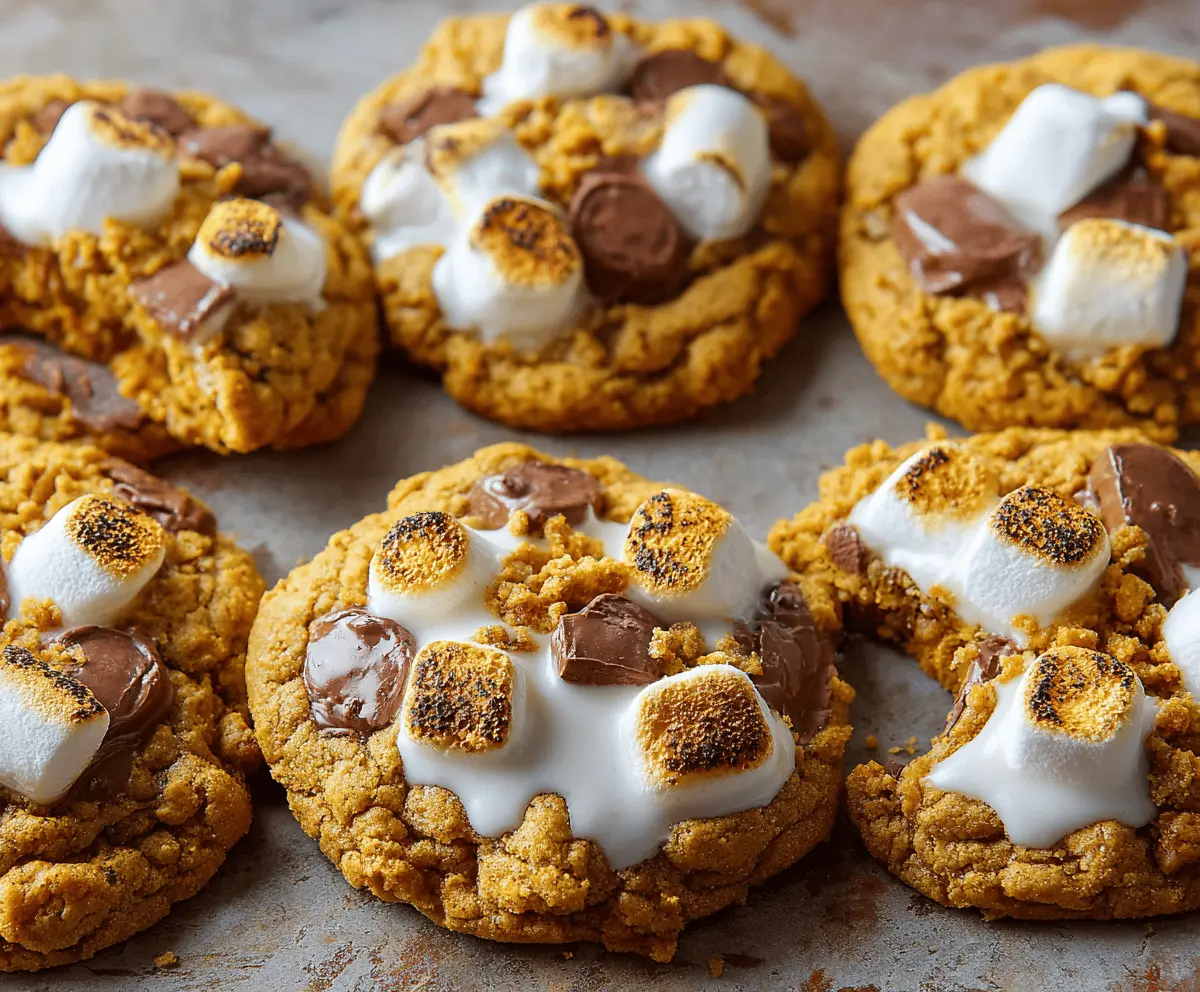 Delicious Pumpkin S'mores Cookies with gooey marshmallows, chocolate, and pumpkin spice topping on a rustic wooden table