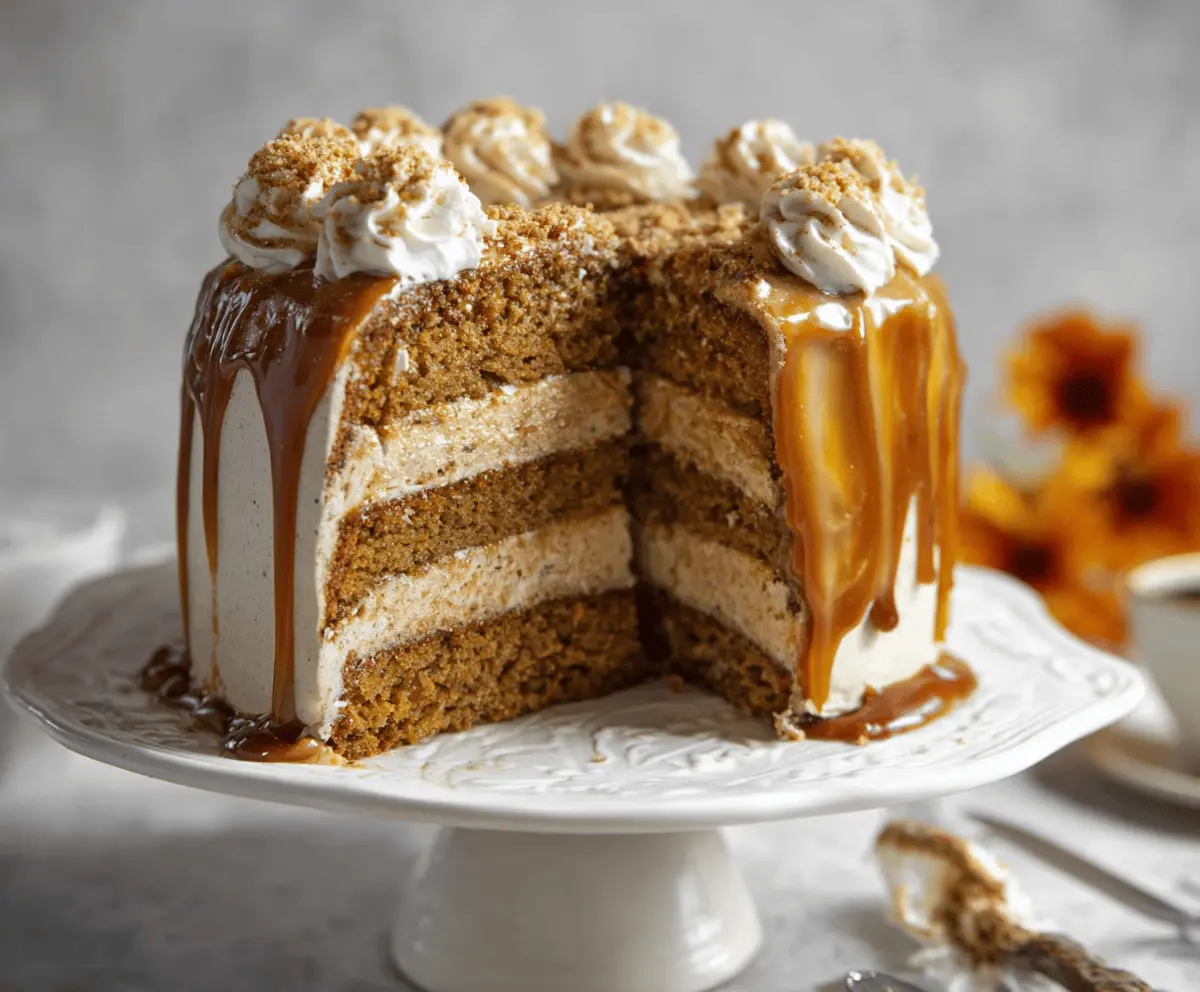 Delicious Pumpkin Spice Latte Cake topped with whipped cream and cinnamon, perfect for fall desserts.