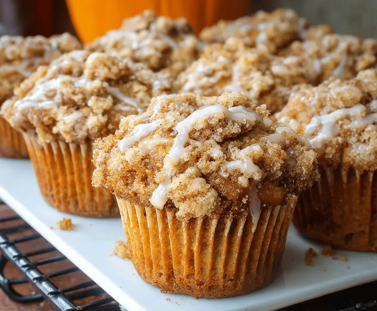 Freshly baked pumpkin streusel muffins topped with crunchy cinnamon streusel and a sprinkle of powdered sugar on a rustic wooden table