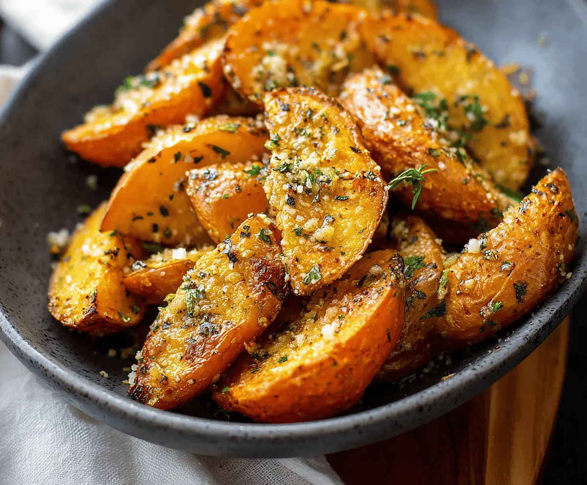 Delicious roasted sweet potatoes topped with garlic and Parmesan cheese, ready to serve as a flavorful side dish.