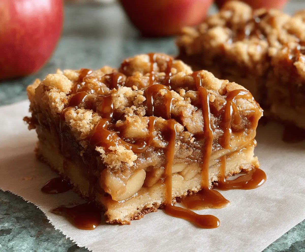 Delicious salted caramel apple bars with golden crust, caramel drizzle, and fresh apple slices, perfect for fall desserts