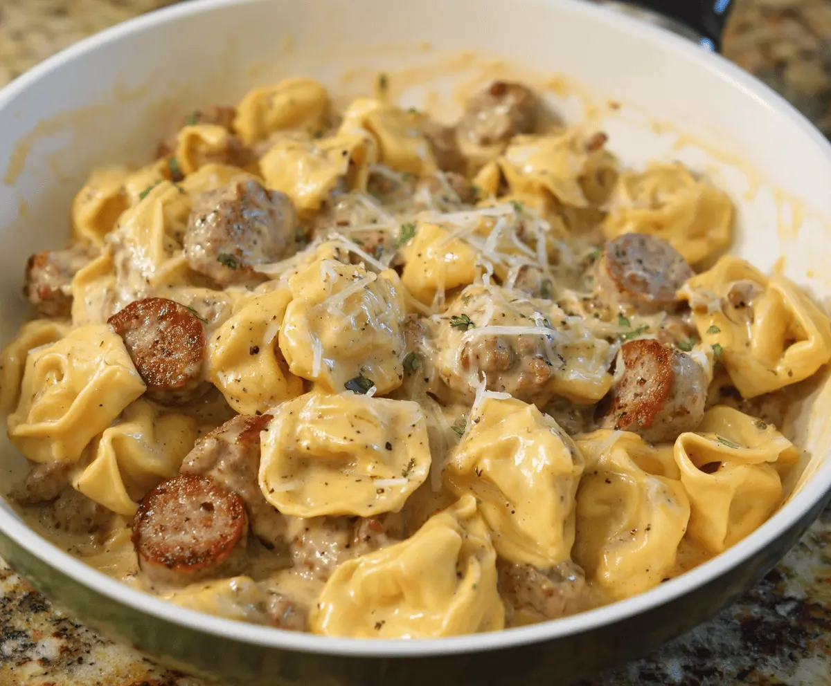 Creamy sausage and cheese tortellini alfredo dish with sliced sausage and fresh herbs on a white plate.