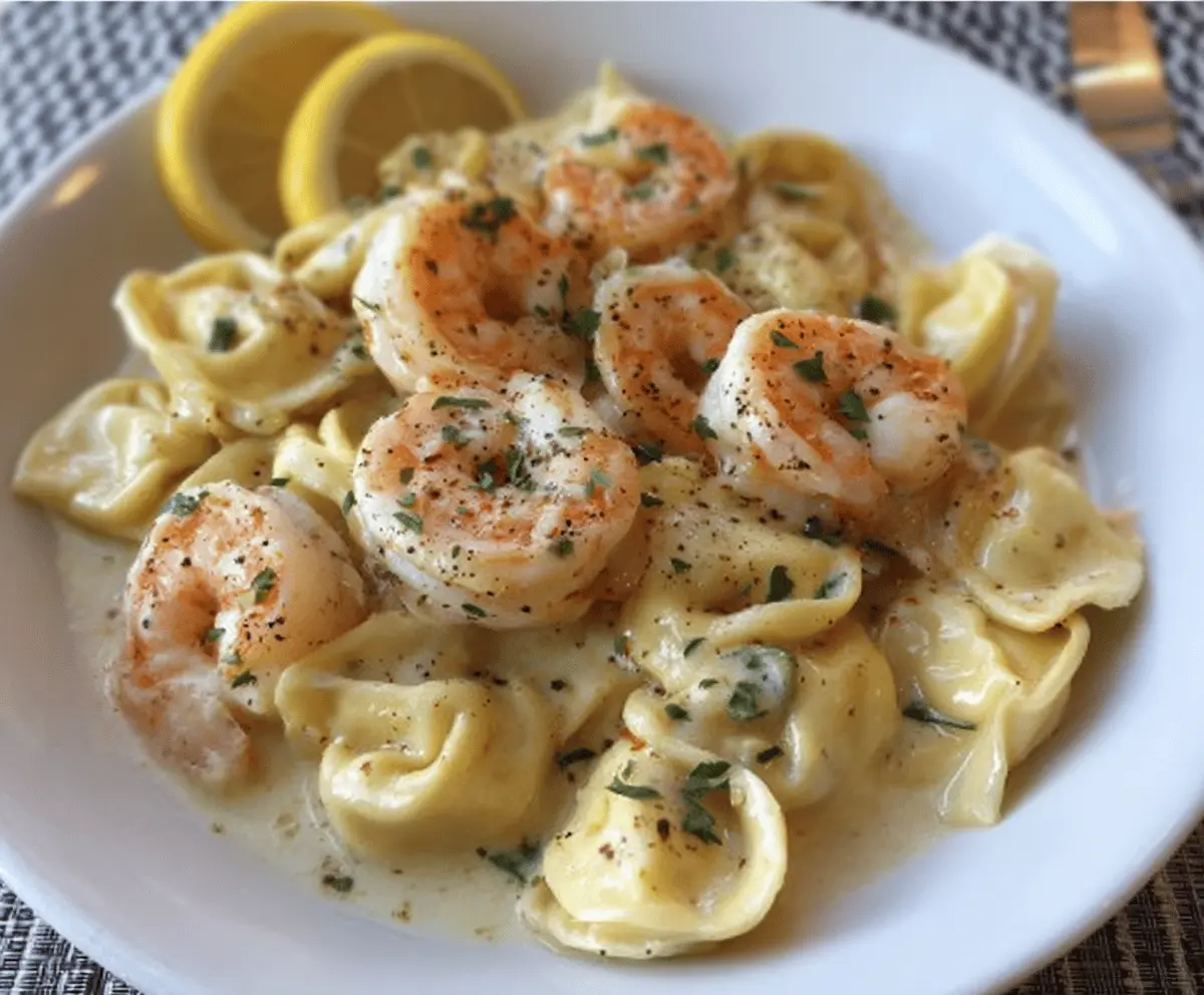 Creamy shrimp tortellini pasta topped with lemon garlic sauce garnished with fresh herbs on a white plate.