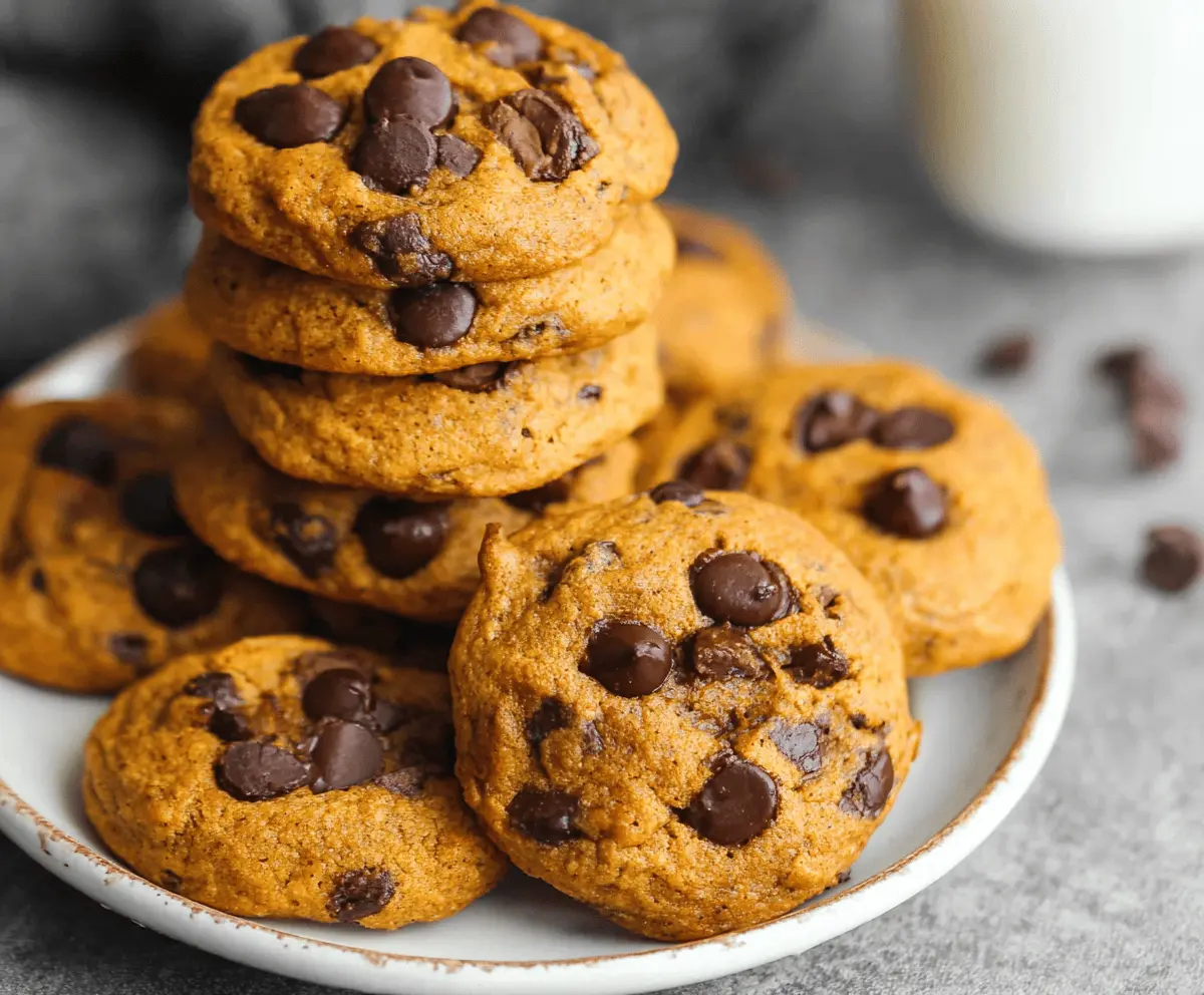 Delicious soft and gooey pumpkin chocolate chip cookies fresh out of the oven, featuring melted chocolate chips and a warm, spiced pumpkin flavor