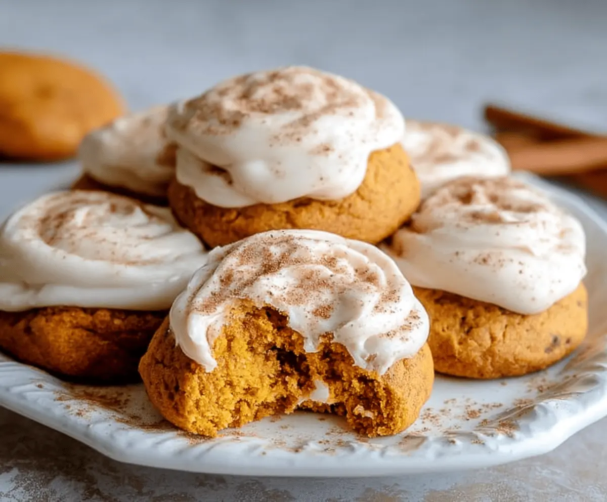 Delicious soft pumpkin cookies topped with creamy cinnamon frosting on a white plate, perfect for fall desserts