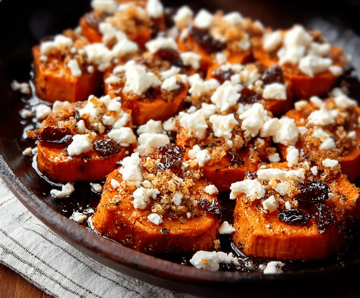 Sweet potato rounds topped with honey and feta cheese crumble, served as a delicious healthy appetizer or snack.